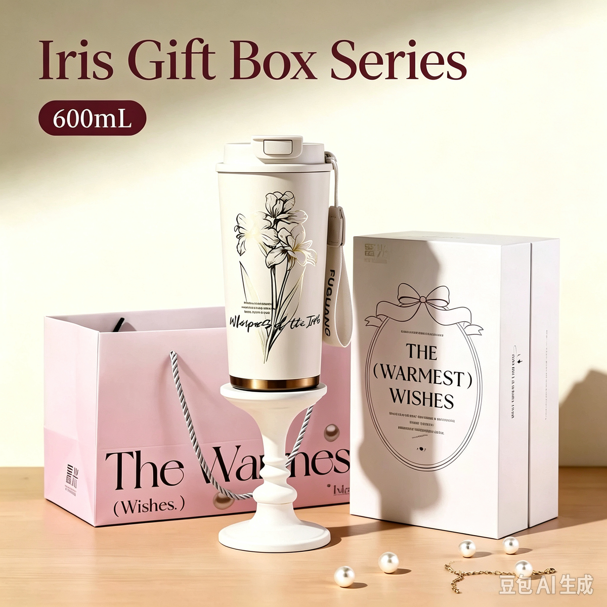 600ML Dual Sip Stainless Steel Tumbler Gift Set, Elegant Iris Floral Insulated Travel Mug with Gift Box & Carry Bag