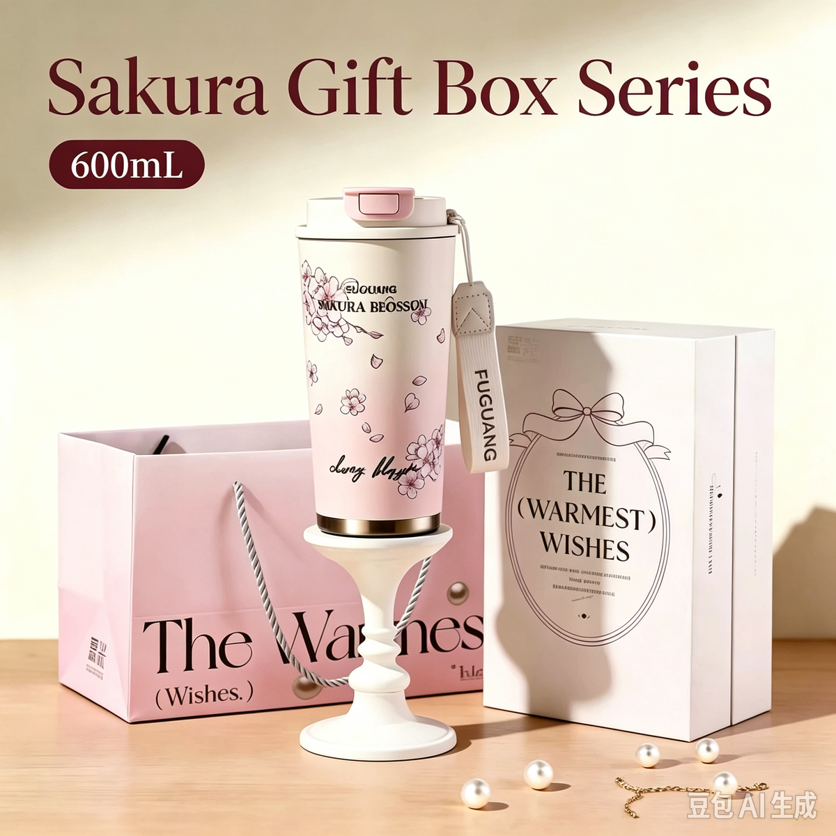 600ML Sakura Floral Insulated Tumbler Gift Box Set, Dual Opening Stainless Steel Travel Mug with Gift Bag