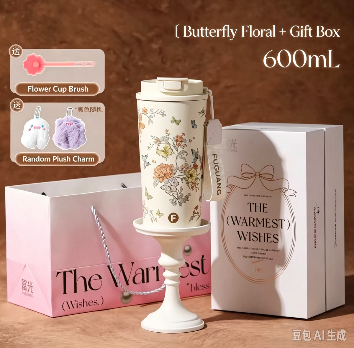 600ML Line Art Floral Insulated Tumbler Gift Set, 316L Stainless Steel Coffee Cup, Elegant Butterfly Sketch Travel Mug with Gift Box & Plush Pendant