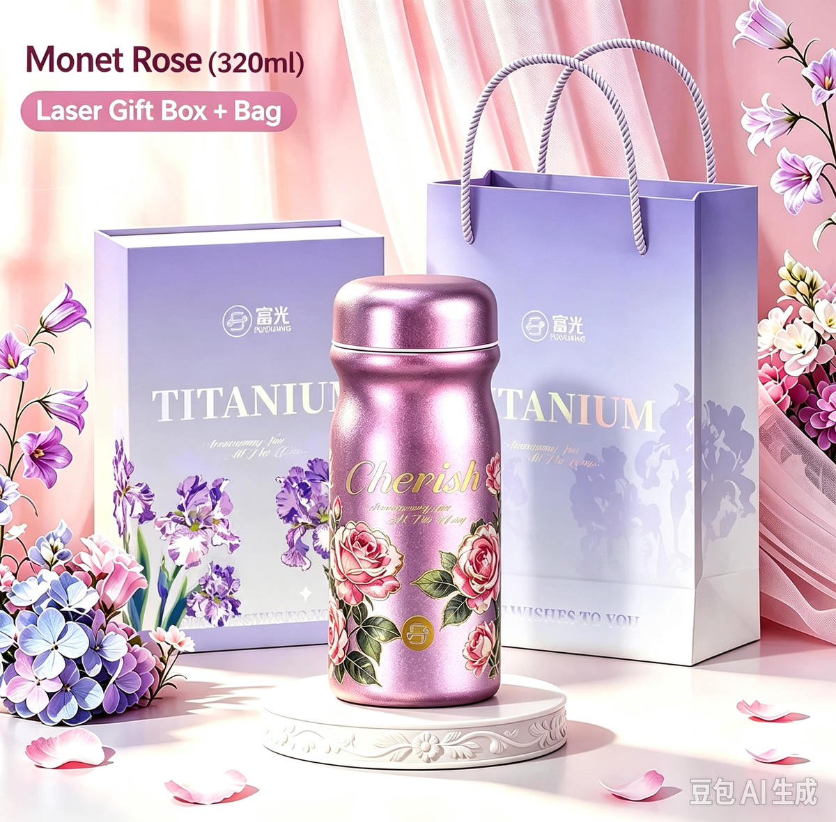 320ml Monet Rose Pure Titanium Insulated Bottle Gift Set, Vintage Floral Vacuum Water Cup with Laser Gift Box & Tote Bag