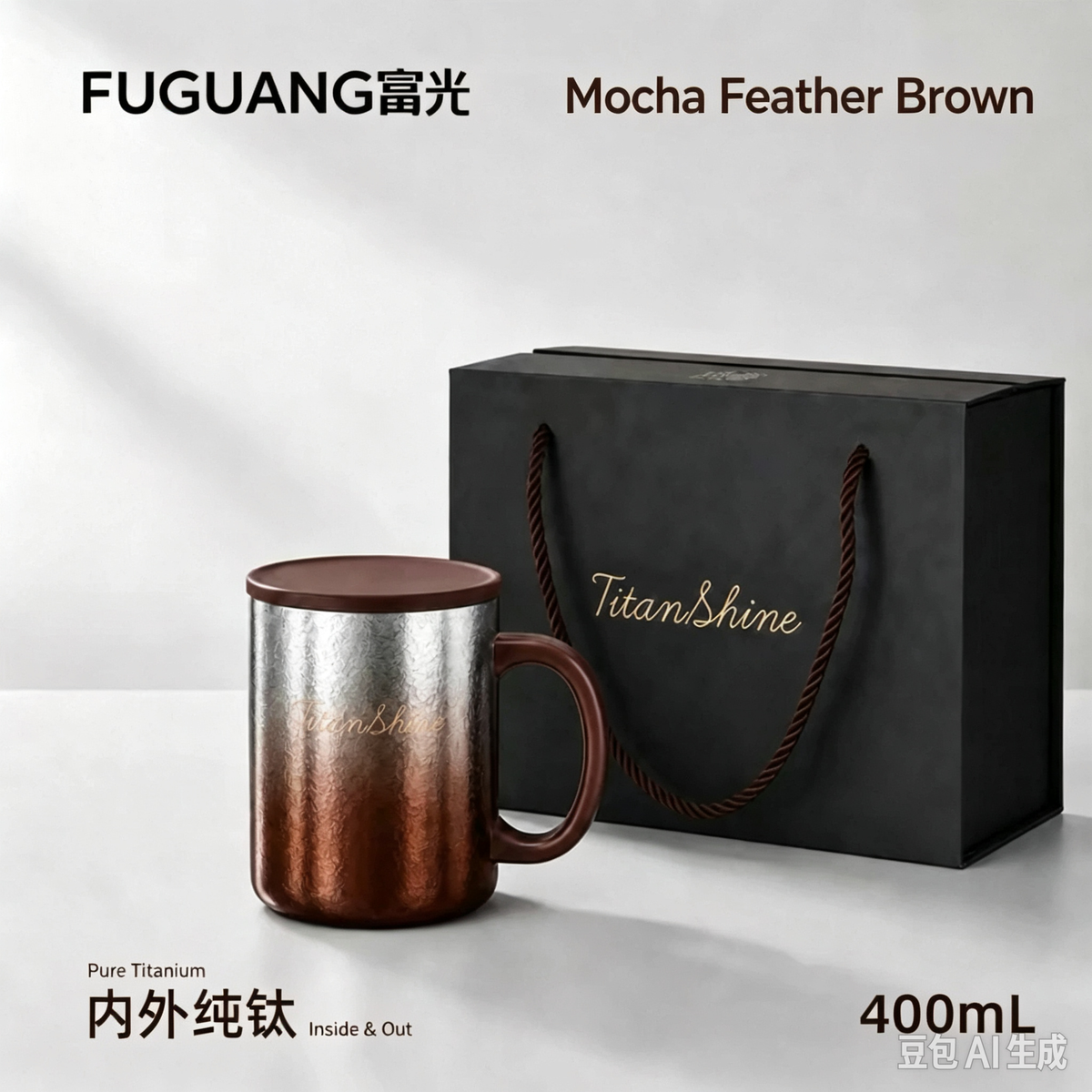 400ml Mocha Feather Brown Pure Titanium Mug Gift Set, Gradient Double-Sided Pure Titanium Coffee Cup With Lid & Gift Box