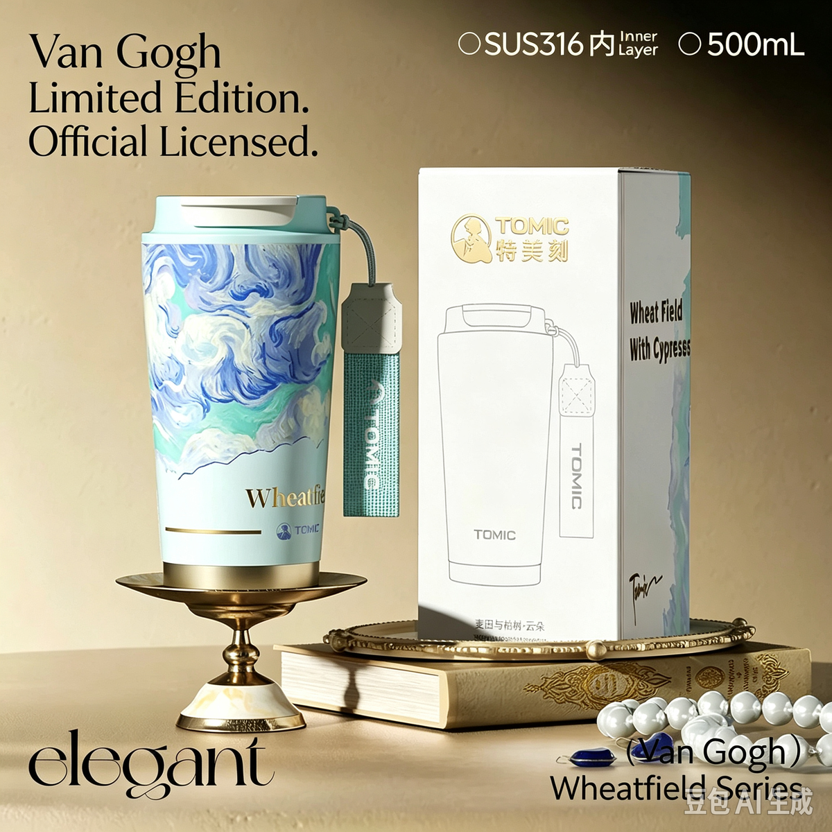 TOMIC Van Gogh Cloud Sky Tumbler, Wheat Field Series, 500ml SUS316 Insulated Coffee Travel Mug with Lanyard