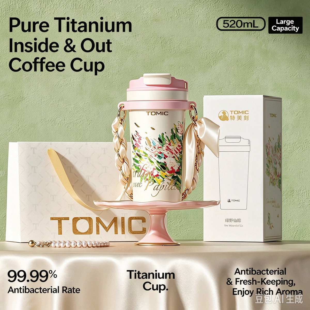 TOMIC Pure Titanium Coffee Mug 520ml, Wizard of Oz Floral Art Print Travel Tumbler, Elegant Pearl Chain Strap & Gift Box