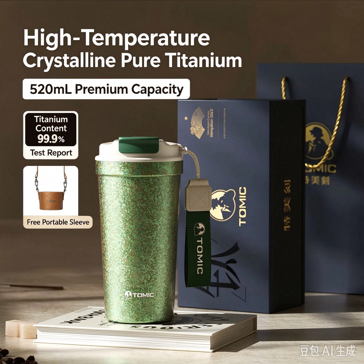 TOMIC High-Temp Crystalline Pure Titanium Coffee Cup 520ml, Insulated Travel Tumbler with Lanyard & Leather Sleeve
