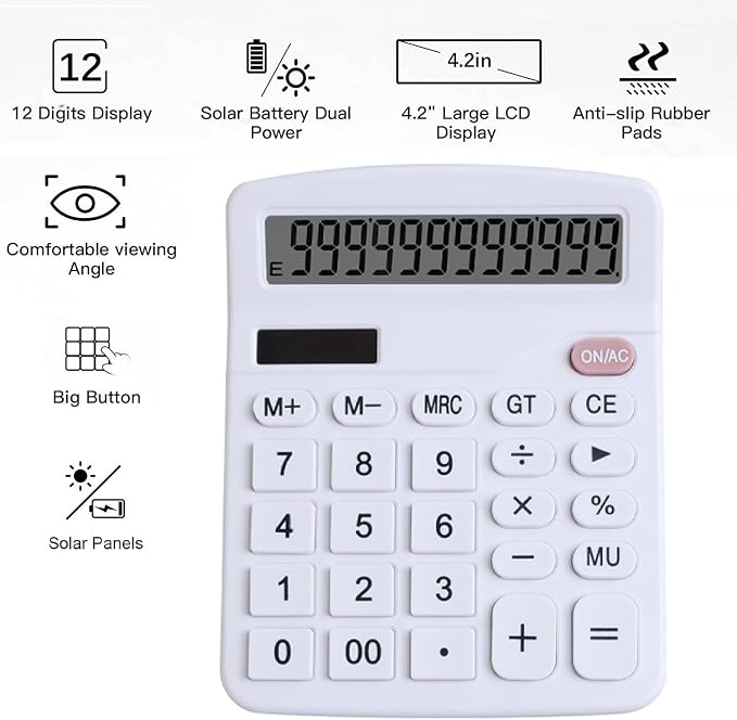 Office Desk Calculator, Cute Calculator for Kids, Basic Calculators Desktop, Dual Power Simple Financial Calculator with Big Button Large Display for Office Home and School (White)