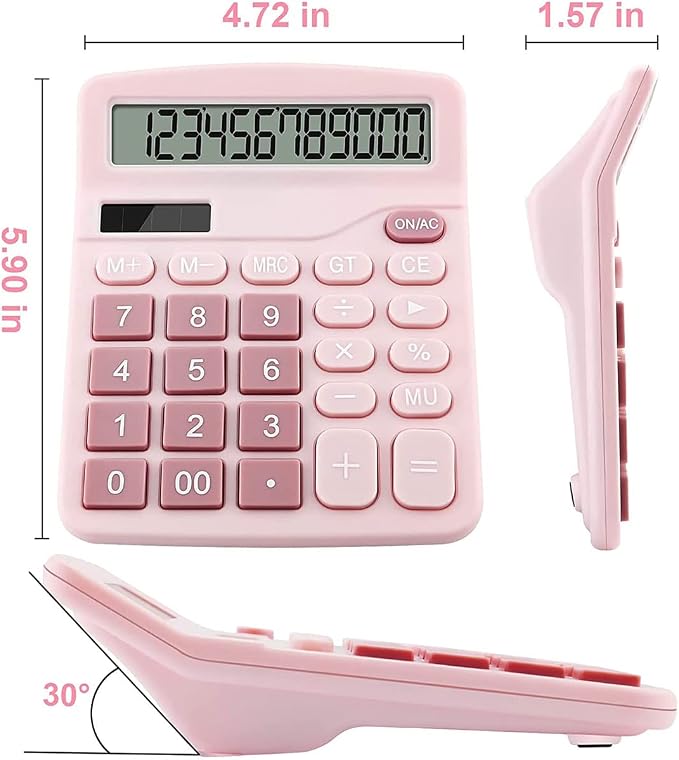 Office Calculators Desktop, 12-Digit Dual Power Cute Calculator with Large LCD Display Big Button for Office Home and School (Pink)