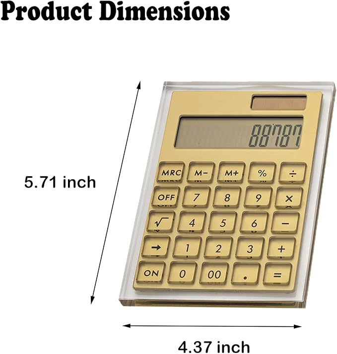 Gold Foil Stamping Solar Power Acrylic Slim Calculator with Large LCD Display and Stand, 12-Digit Handheld Desktop Calculator for Office, School, Business