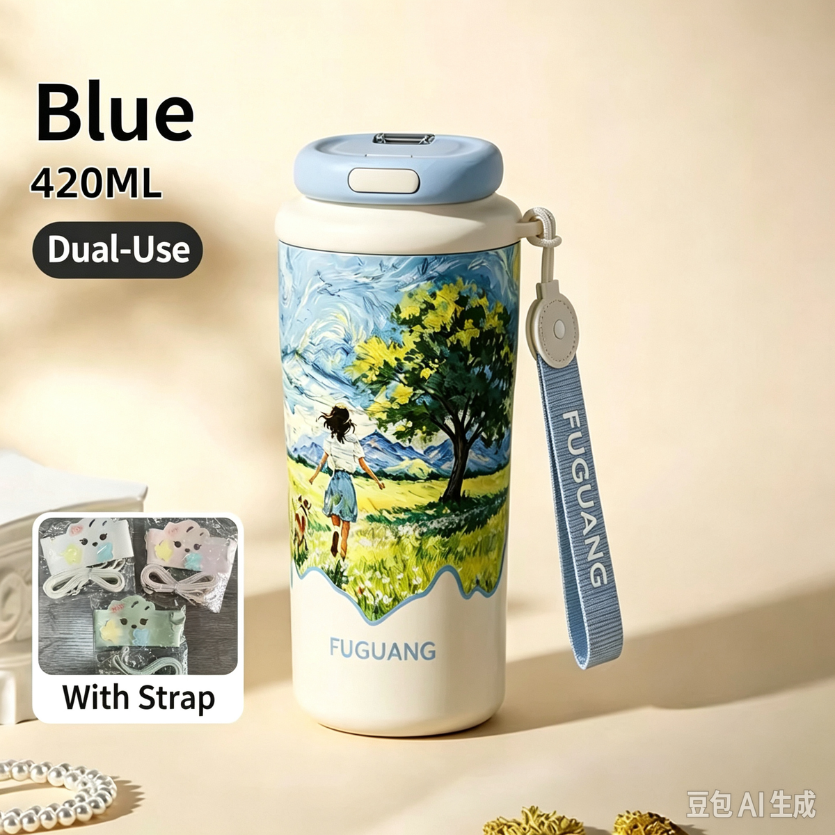 420ML Dual Opening Insulated Water Bottle, Scenic Country Girl Art Travel Cup with Wrist Strap & Bonus Shoulder Strap