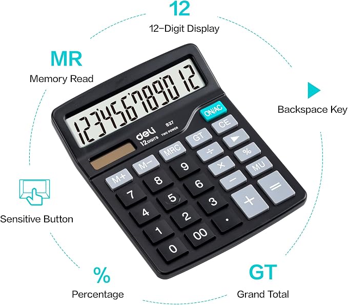 Calculator, Deli Standard Function Desktop Calculators with 12 Digit Large LCD Display and Sensitive Button, Solar Battery Dual Power Office Calculator, Black