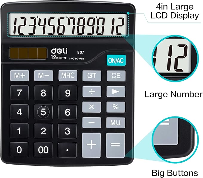 Calculator, Deli Standard Function Desktop Calculators with 12 Digit Large LCD Display and Sensitive Button, Solar Battery Dual Power Office Calculator, Black