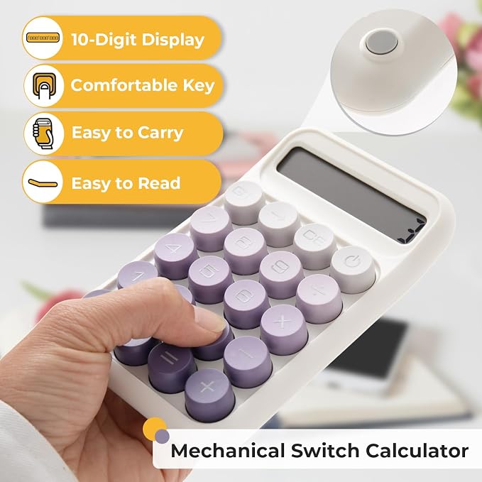 Y YOMA 1 Pack Mechanical Switch Calculator with 10 Digit Large LCD Display Big Button, Mini Cute Desktop Calculator 4 Function Basic Calculators for School Home Office Business, Dusty Violet