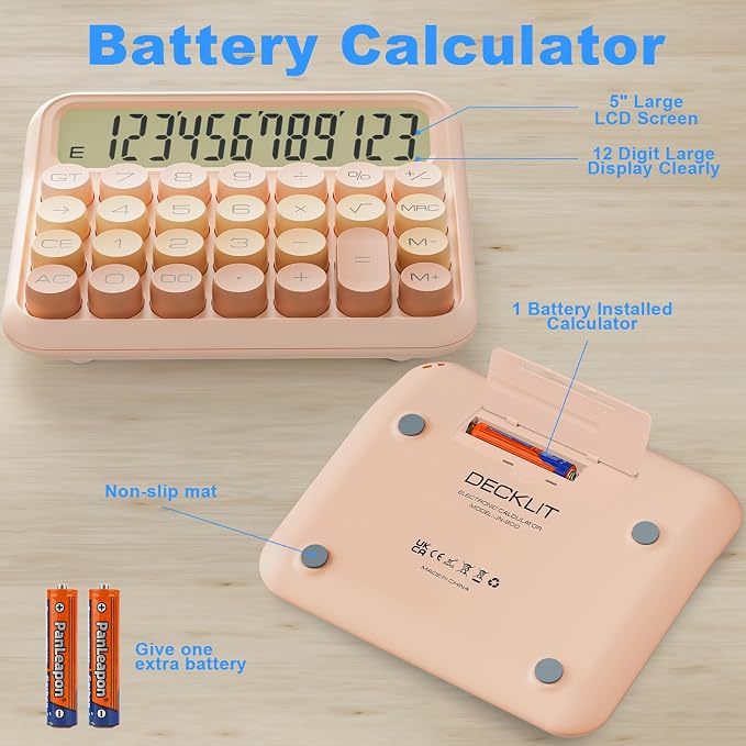 Mechanical Calculator 12 Digit Extra Large 5-Inch LCD Display, DECKLIT Battery Desk Calculator, Big Buttons Easy to Press Office Calculators Desktop, 15°Tilt Screen for Kids Calculator(Gradient Pink)