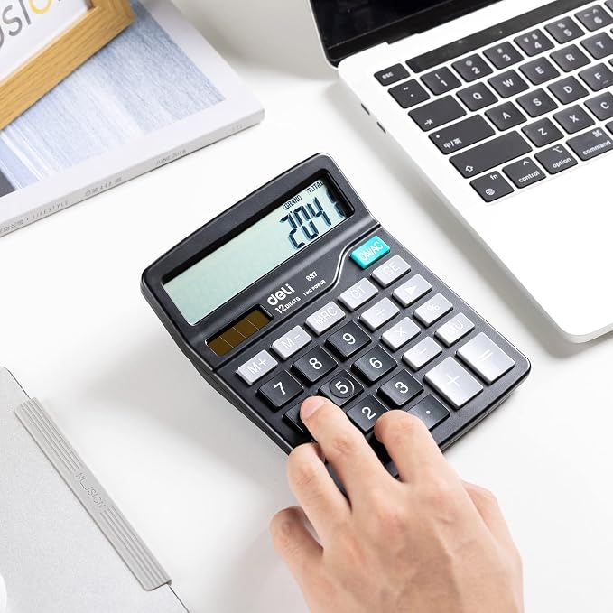 Calculator, Deli Standard Function Desktop Calculators with 12 Digit Large LCD Display and Sensitive Button, Solar Battery Dual Power Office Calculator, Black