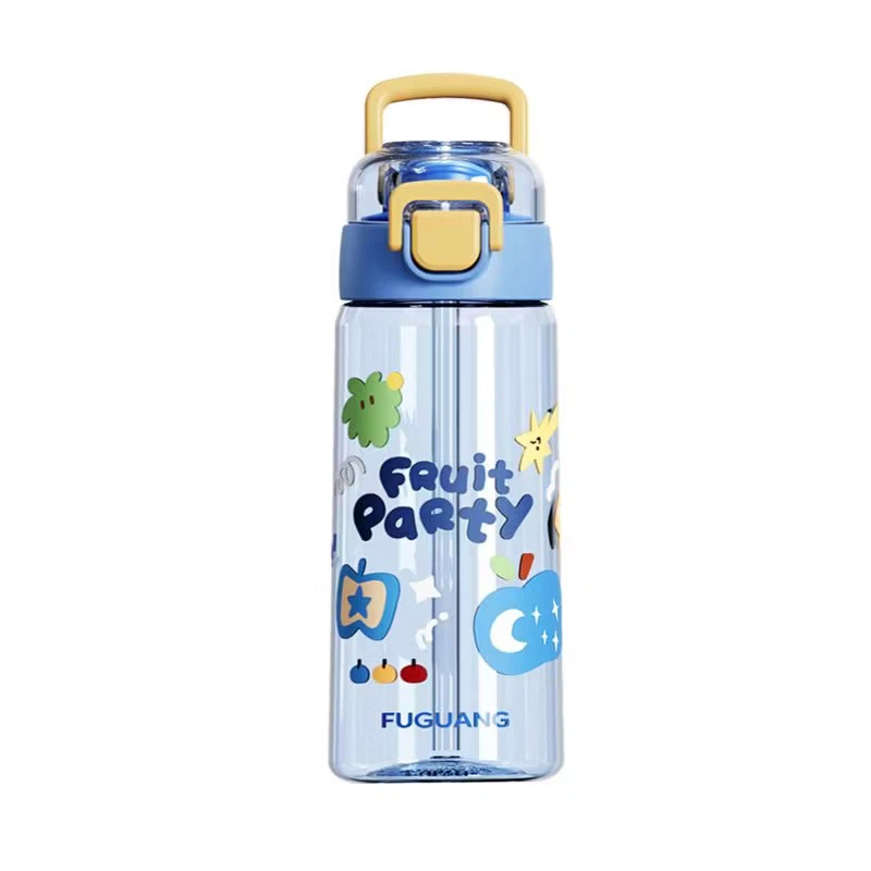 Fuguang 520ml Cute Fruit Party Cartoon Water Bottle, BPA-Free Tritan Student Straw Cup, One-Hand Flip Open Portable Sports Jug with Carry Handle