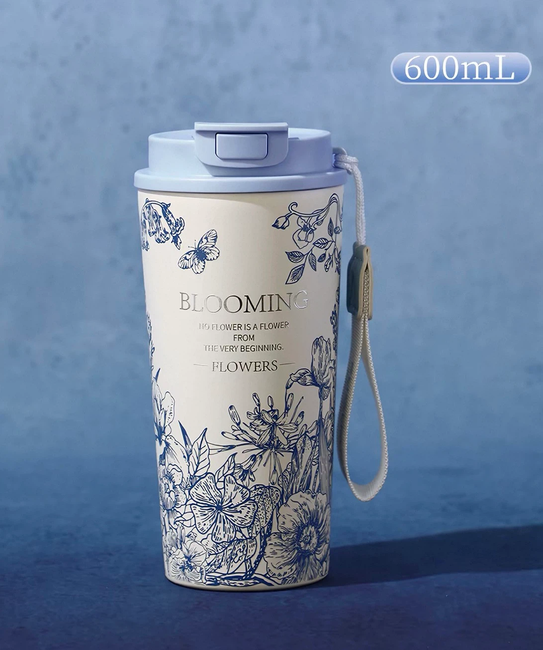 600ML Dual-Use Insulated Tumbler, Retro Blue Floral Butterfly Stainless Steel Travel Cup with Wrist Strap